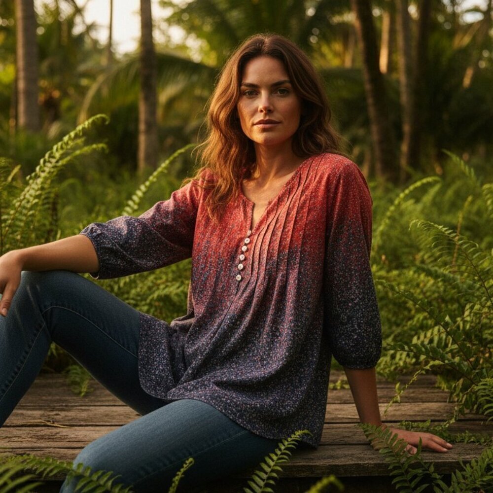 Womens Blouse Bohemian Multicolor 3/4 Sleeve with Button accents size M